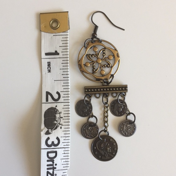 🆕🐢 Stamped Brass & Faux Coin Chandelier Earrings - Picture 3 of 4